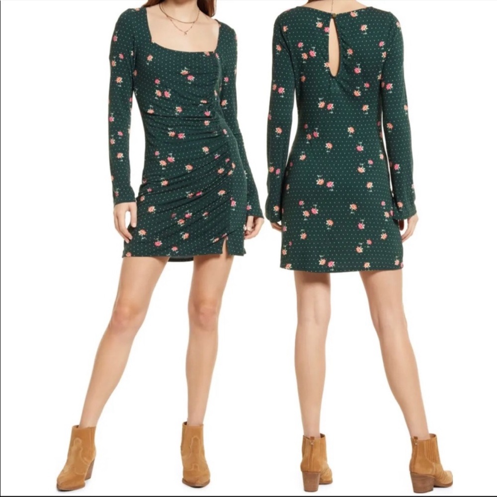 FREE PEOPLE Celia Floral Square Neck Long Sleeve Dress sz XS green